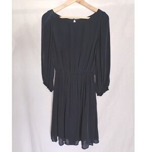 Alice + Olivia Silk Dress Navy Blue 3/4 Sleeve Elastic Waist Employee Bergdorf S